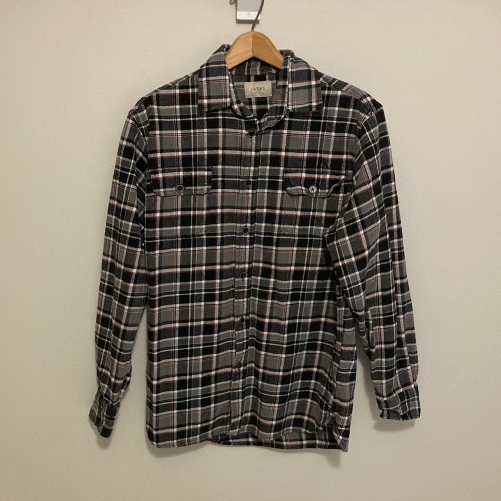 Men’s JACHS cotton plaid flannel button down shirt, gray and black, size medium
